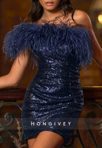 Navy Blue Feather One Shoulder Glitter Short Homecoming Dresses