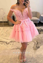 Off the Shoulder Waistband Bowknot Ruched A-Line Short Homecoming Dresses