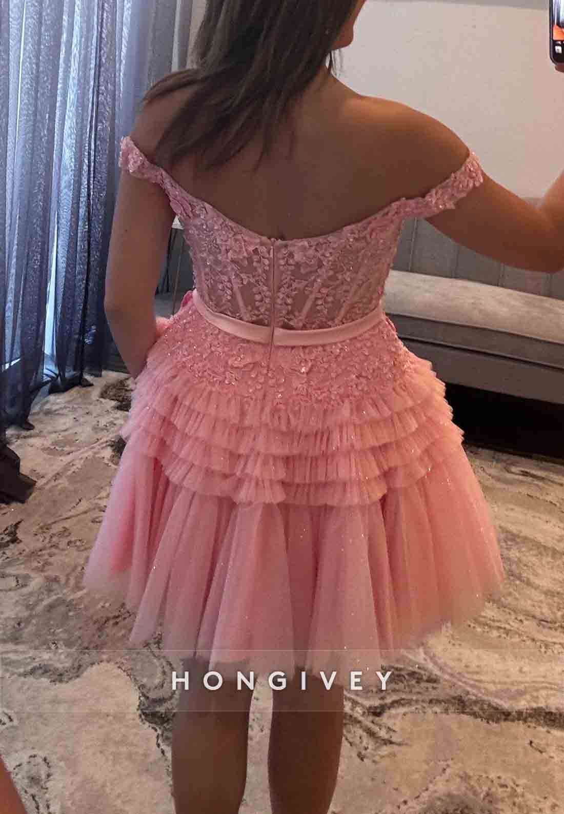 Off the Shoulder Waistband Bowknot Ruched A-Line Short Homecoming Dresses