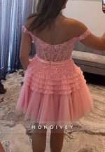 Off the Shoulder Waistband Bowknot Ruched A-Line Short Homecoming Dresses