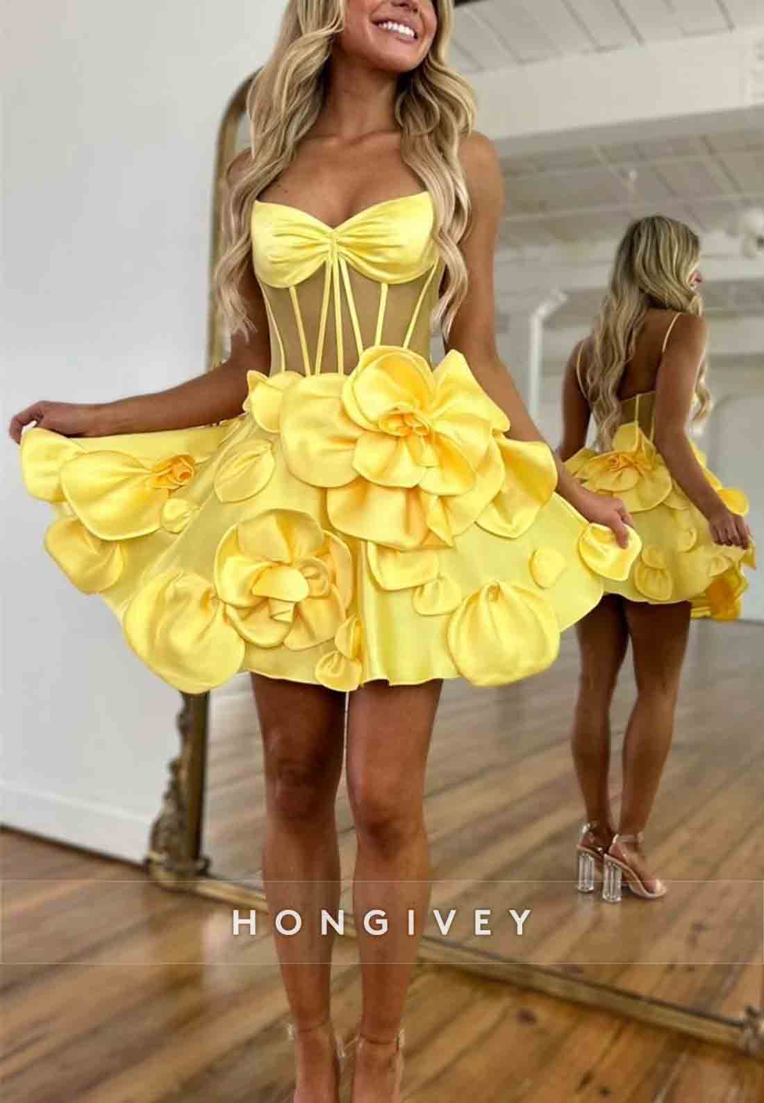 Spaghetti Straps Sleeveless Pink Flowers A-Line Satin Short Homecoming Dresses