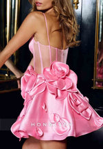 Spaghetti Straps Sleeveless Pink Flowers A-Line Satin Short Homecoming Dresses