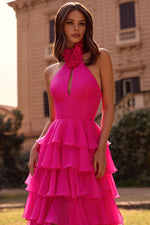 Halter Sleeveless A-Line Flowers Backless Tassel Side Slit Floor-Length Prom Dress