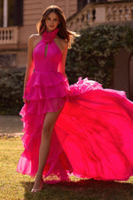 Halter Sleeveless A-Line Flowers Backless Tassel Side Slit Floor-Length Prom Dress