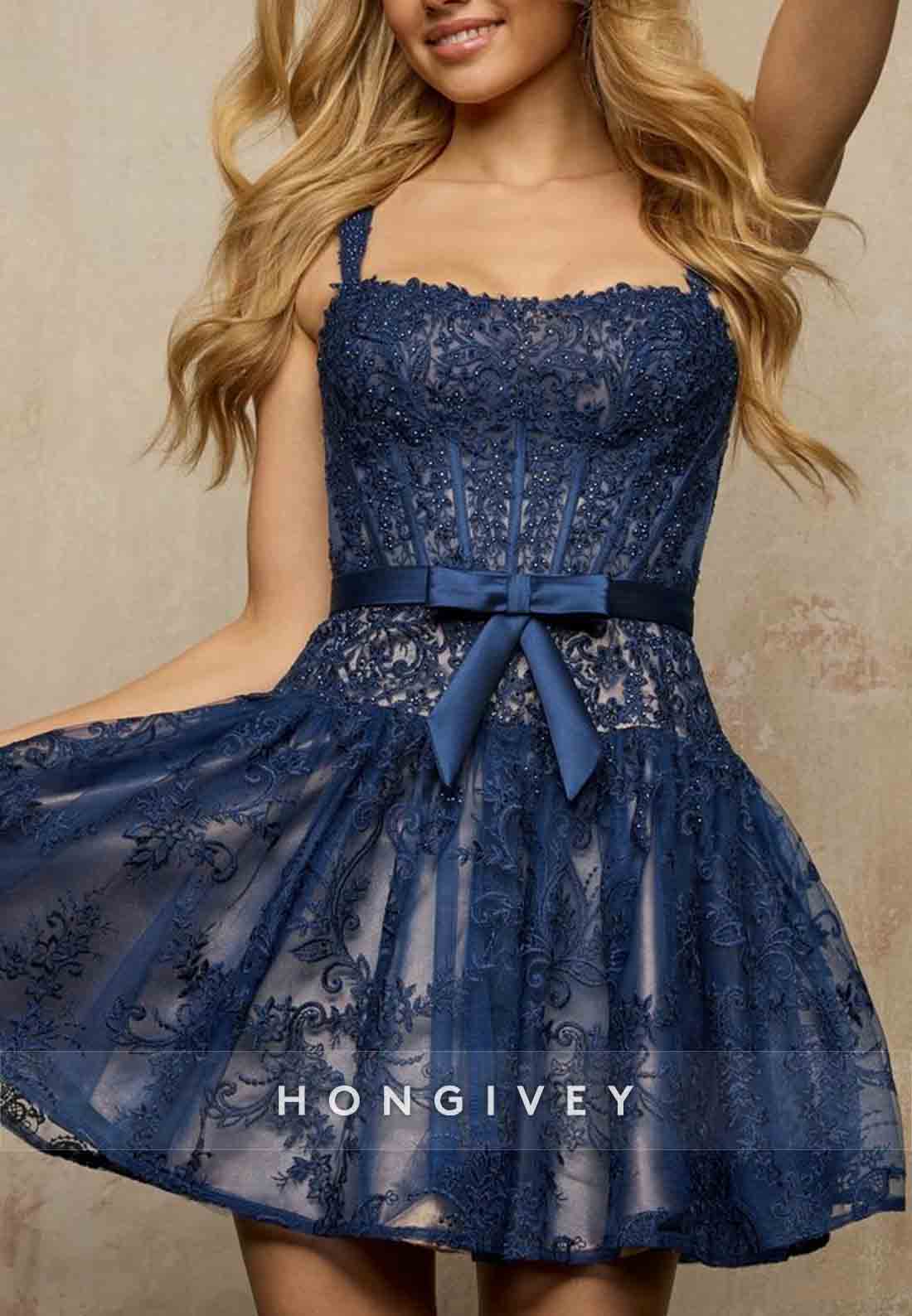 Square Neck Lace Regular Straps A-Line Low Back Short Homecoming Dress with Bowknot