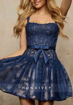 Square Neck Lace Regular Straps A-Line Low Back Short Homecoming Dress with Bowknot