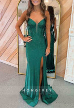 Gorgeous High Slit Spaghetti Straps Mermaid Tie Back Beaded Prom Dress