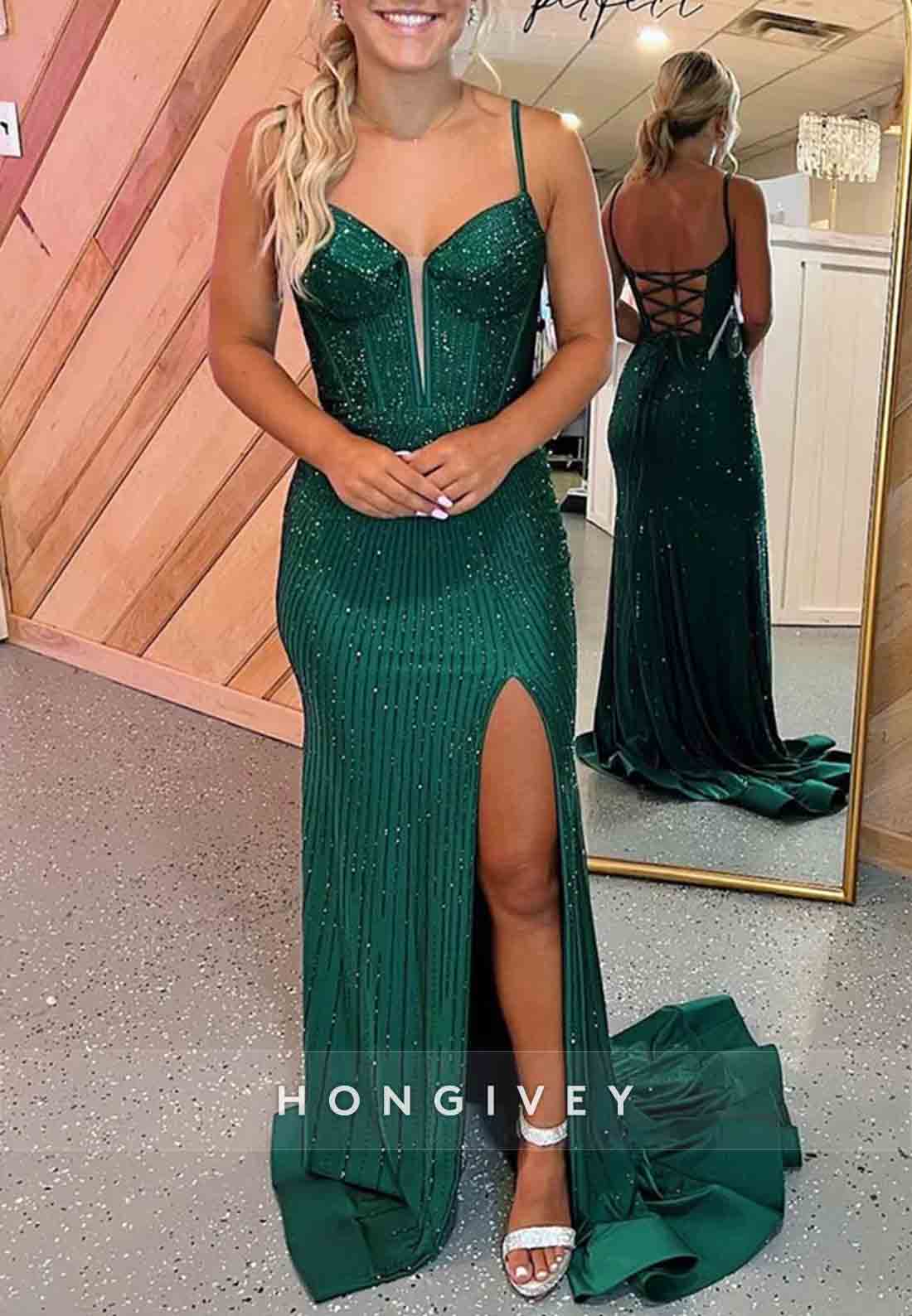 Gorgeous High Slit Spaghetti Straps Mermaid Tie Back Beaded Prom Dress
