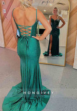 Gorgeous High Slit Spaghetti Straps Mermaid Tie Back Beaded Prom Dress