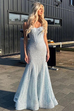 Shiny Light Blue Mermaid Spaghetti Straps Long Beaded Prom Dress