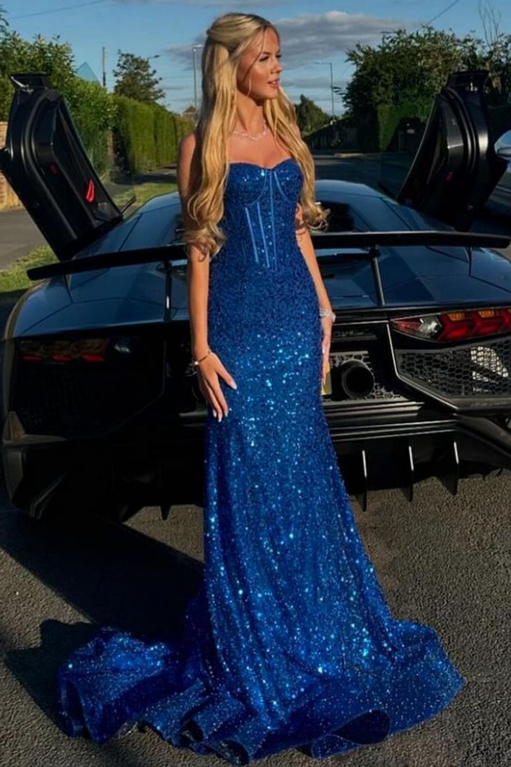 Shiny Light Blue Mermaid Spaghetti Straps Long Beaded Prom Dress