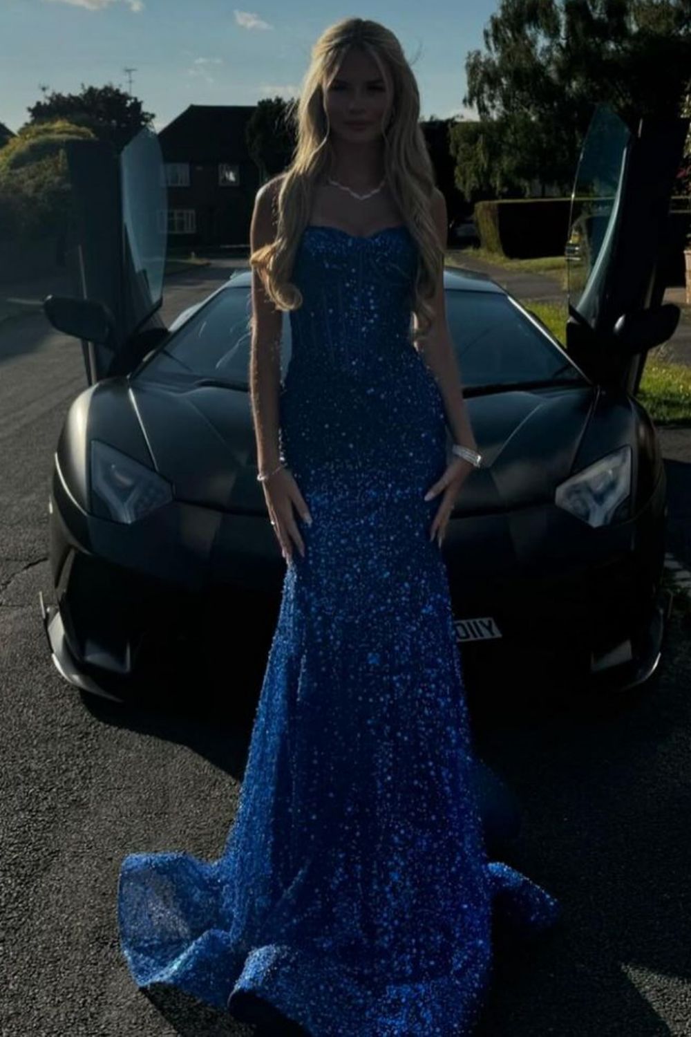 Shiny Light Blue Mermaid Spaghetti Straps Long Beaded Prom Dress