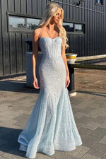 Shiny Light Blue Mermaid Spaghetti Straps Long Beaded Prom Dress