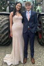 Shiny Light Blue Mermaid Spaghetti Straps Long Beaded Prom Dress