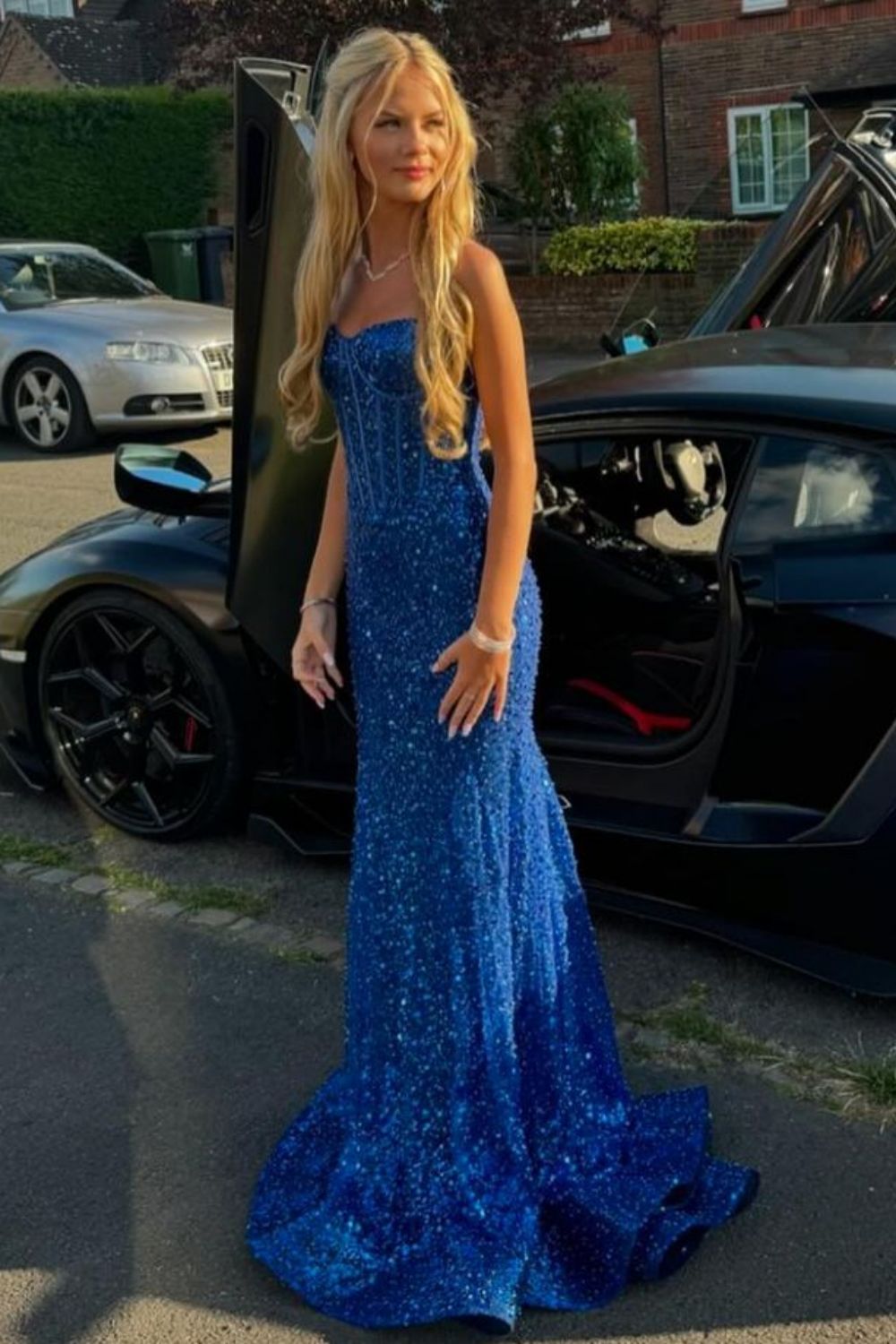 Shiny Light Blue Mermaid Spaghetti Straps Long Beaded Prom Dress
