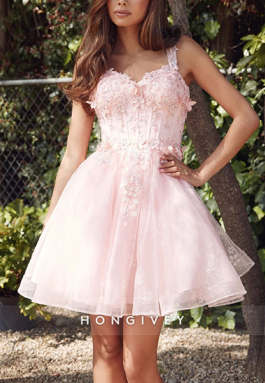 Gorgeous Pastel Light Pink A-Line Tulle Short Homecoming Dress with 3D Appliques