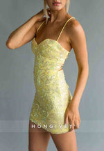 Spaghetti Straps Sweetheart Bodycon Yellow Sequined Mini Homecoming Dress