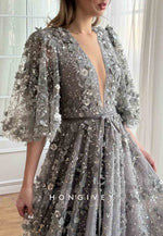 Grey A-Line Half Sleeves Low V-Neck Evening Gowns with Embroidery