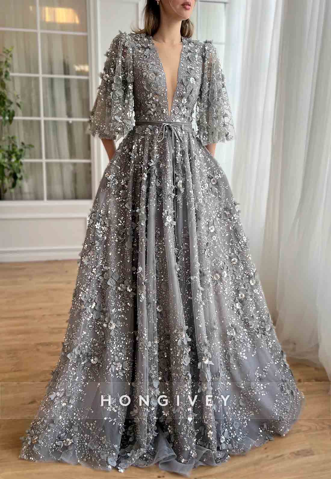 Grey A-Line Half Sleeves Low V-Neck Evening Gowns with Embroidery