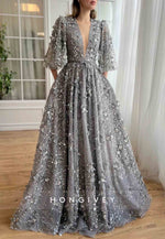 Grey A-Line Half Sleeves Low V-Neck Evening Gowns with Embroidery