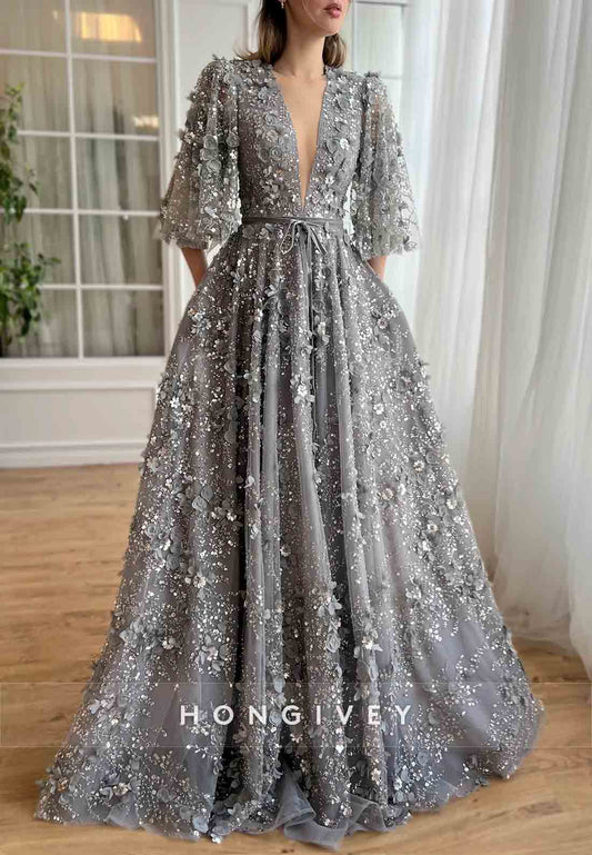 Grey A-Line Half Sleeves Low V-Neck Evening Gowns with Embroidery