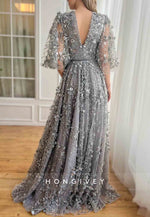 Grey A-Line Half Sleeves Low V-Neck Evening Gowns with Embroidery