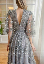 Grey A-Line Half Sleeves Low V-Neck Evening Gowns with Embroidery