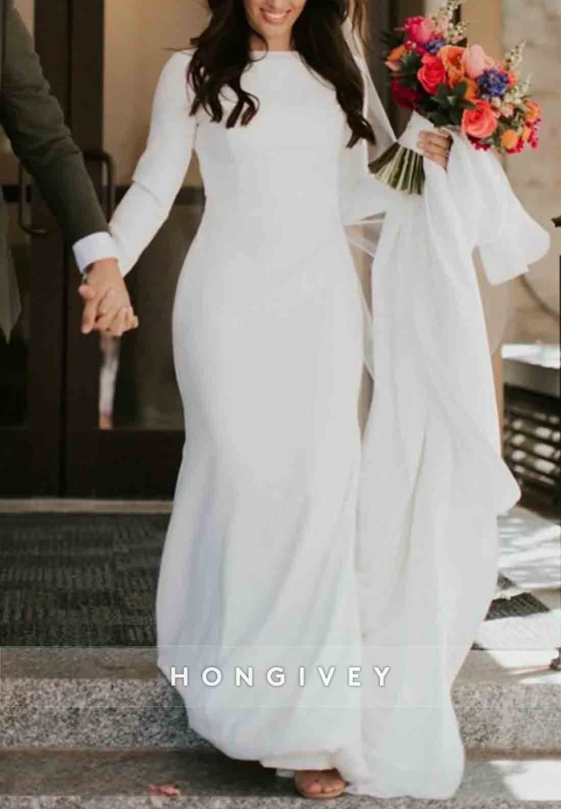 Simple Long Sleeves Satin Floor-Length Pleated Trumpet Wedding Dress