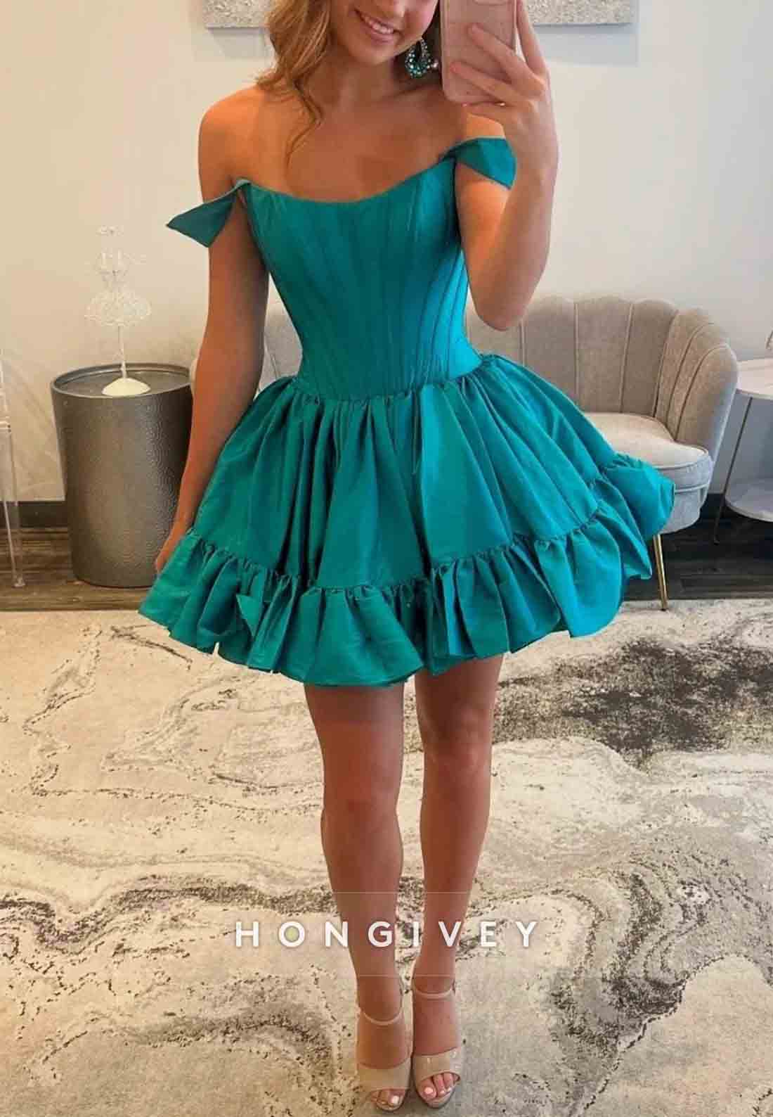 Off the Shoulder Pleated Satin V Back Princess Short Homecoming Dresses