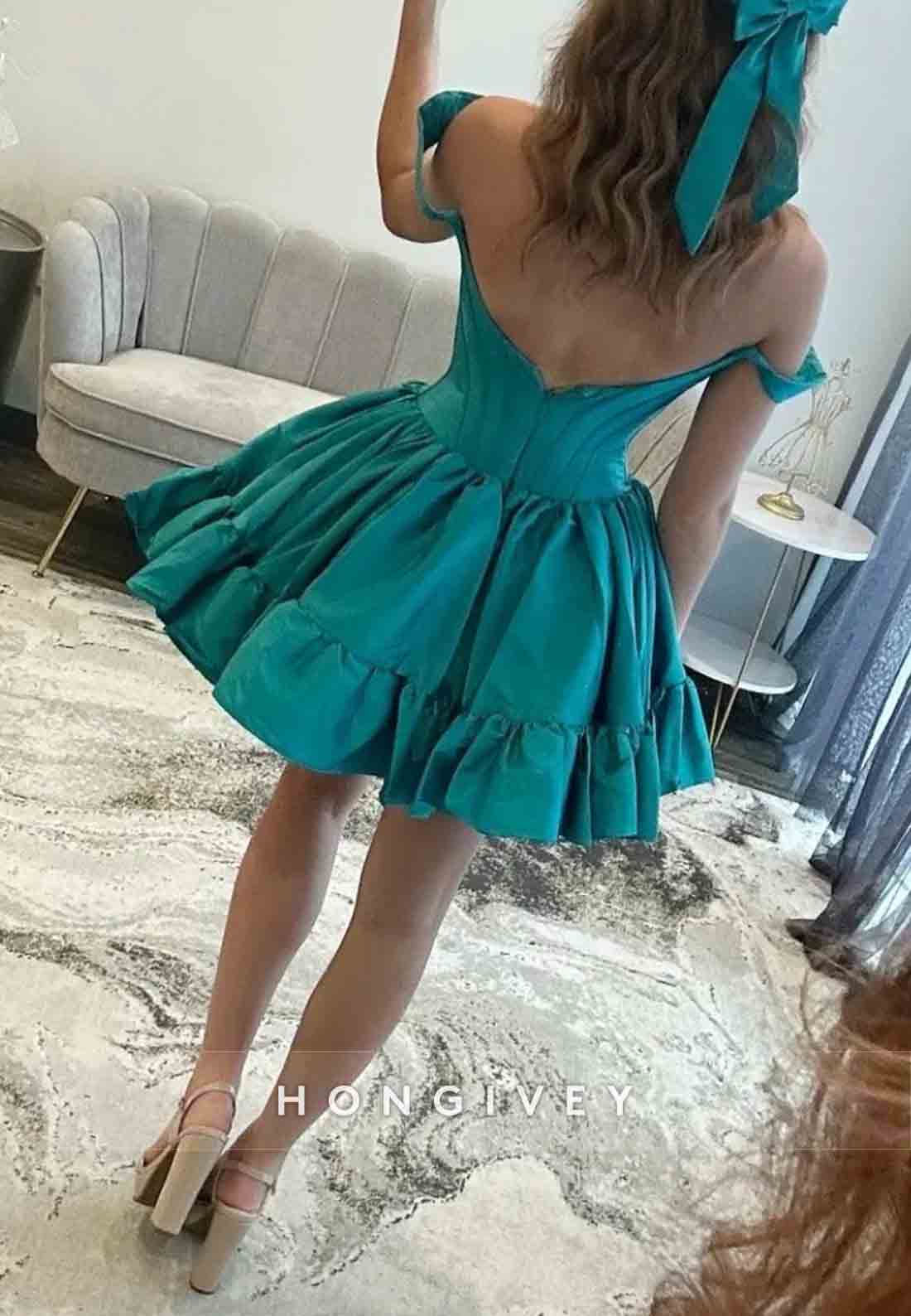 Off the Shoulder Pleated Satin V Back Princess Short Homecoming Dresses