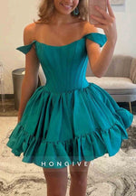 Off the Shoulder Pleated Satin V Back Princess Short Homecoming Dresses
