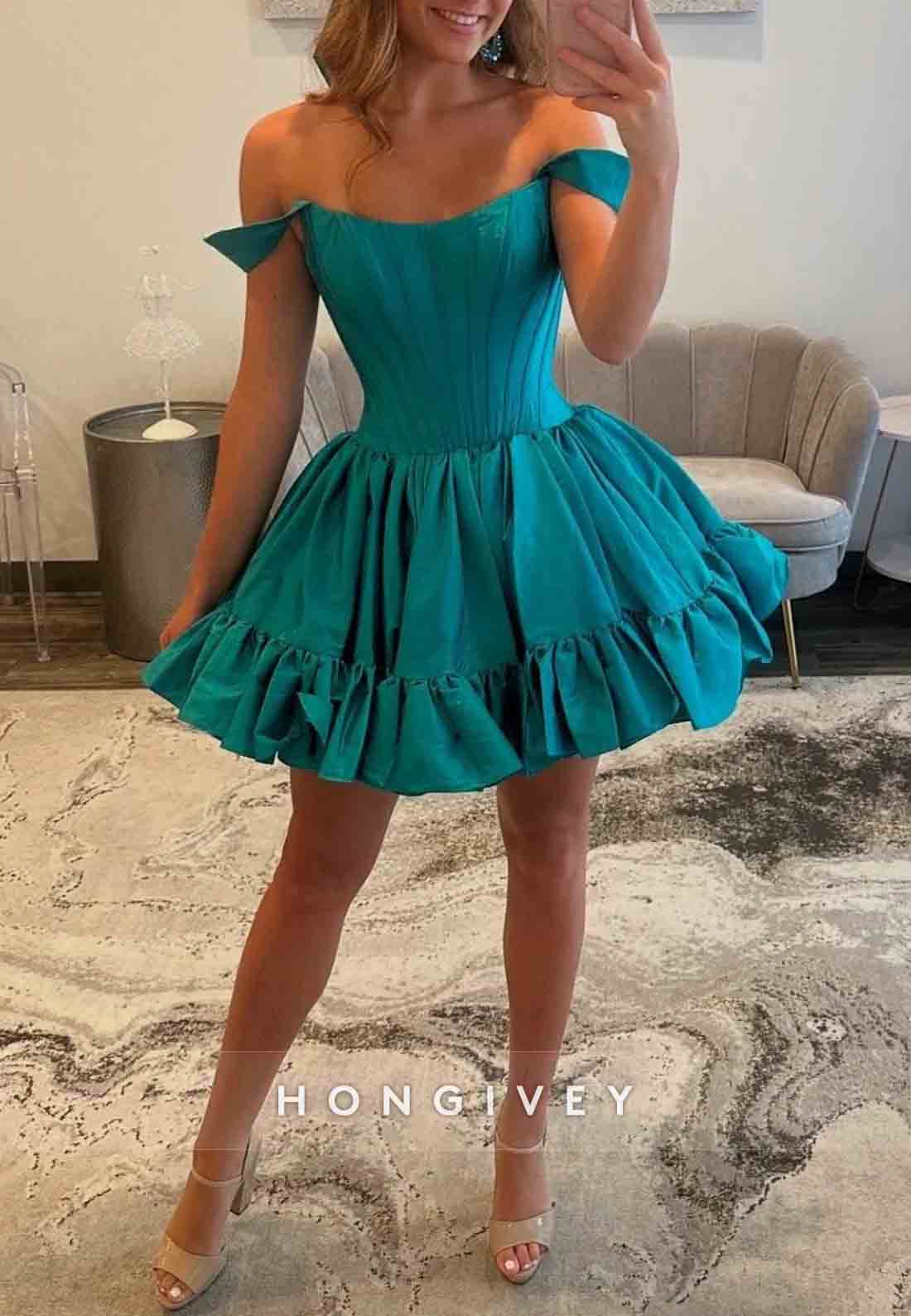 Off the Shoulder Pleated Satin V Back Princess Short Homecoming Dresses