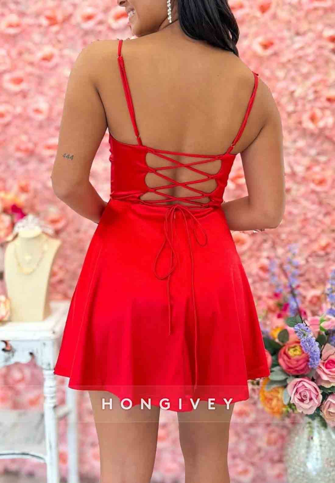 Simple A Line Spaghetti Straps Red Short Homecoming Dress with Criss Cross Back