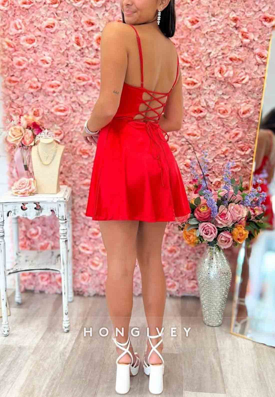 Simple A Line Spaghetti Straps Red Short Homecoming Dress with Criss Cross Back