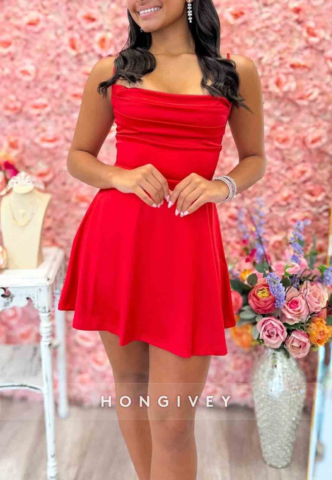 Simple A Line Spaghetti Straps Red Short Homecoming Dress with Criss Cross Back