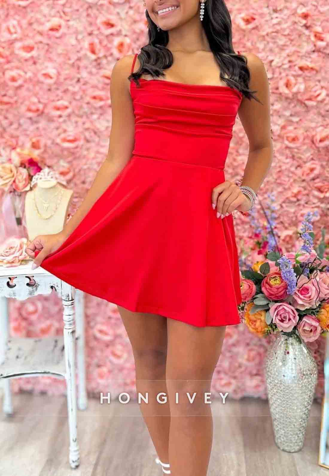 Simple A Line Spaghetti Straps Red Short Homecoming Dress with Criss Cross Back