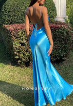 Simple Low V-Neck Sheath Spaghetti Straps Blue Satin Long Prom Dress with Backless