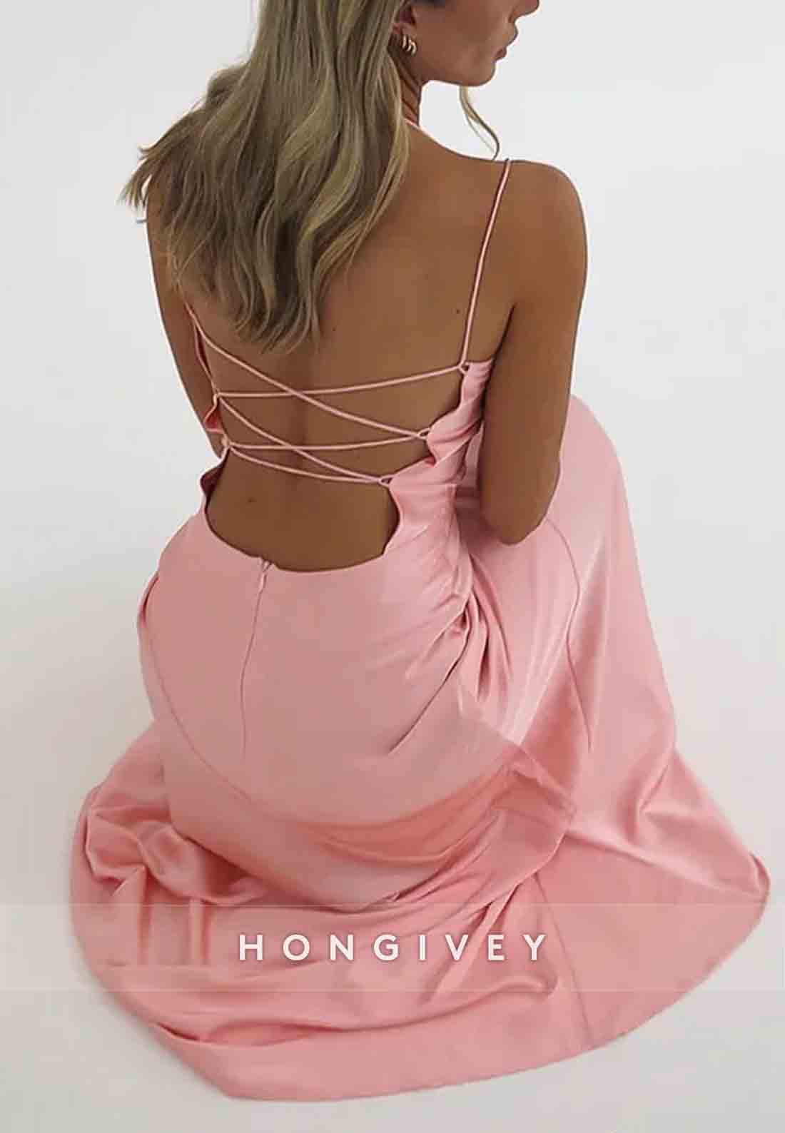 Spaghetti Straps Simple Sheath Pink Long Party Dress with High Slit