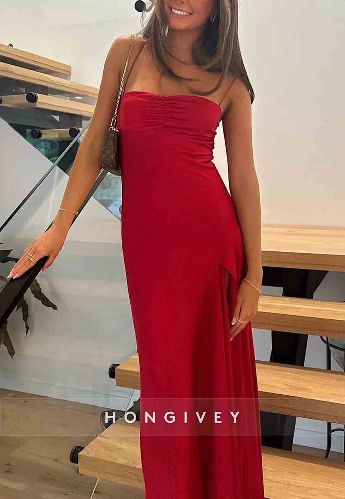 Spaghetti Straps Simple Sheath Pink Long Party Dress with High Slit