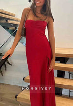 Spaghetti Straps Simple Sheath Pink Long Party Dress with High Slit