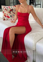 Spaghetti Straps Simple Sheath Pink Long Party Dress with High Slit