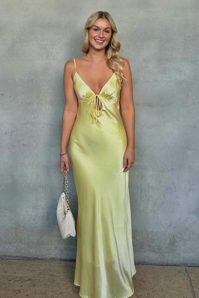 Simple Sheath Spaghetti Straps Yellow Satin Long Prom Dress with Keyhole