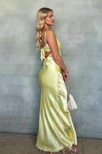 Simple Sheath Spaghetti Straps Yellow Satin Long Prom Dress with Keyhole