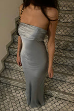 Simple Sheath Strapless Grey Satin Long Prom Dress with Ruched