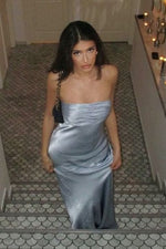 Simple Sheath Strapless Grey Satin Long Prom Dress with Ruched