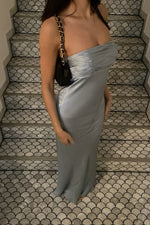 Simple Sheath Strapless Grey Satin Long Prom Dress with Ruched