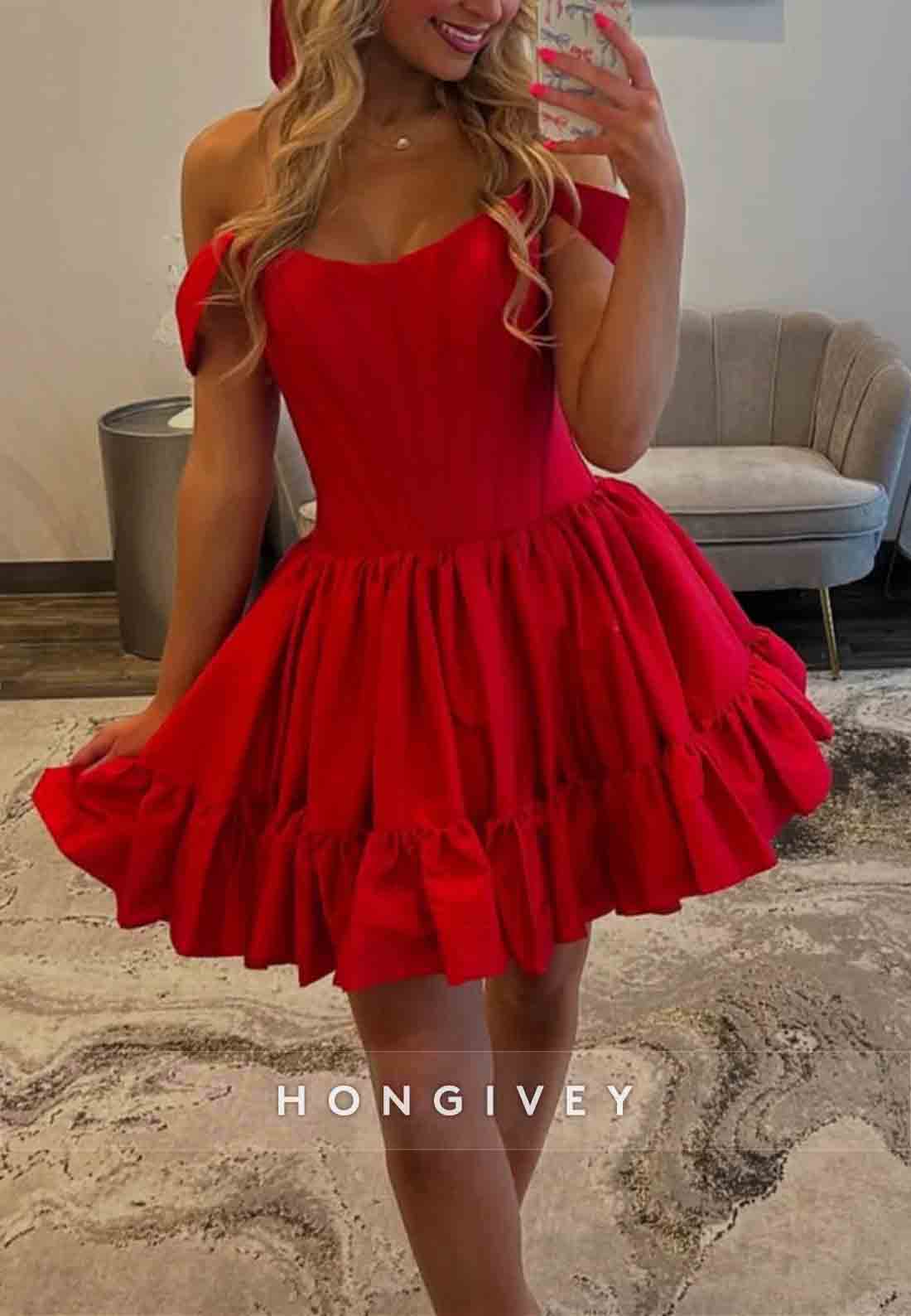 Off the Shoulder Pleated Satin V Back Princess Short Homecoming Dresses