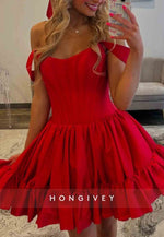 Off the Shoulder Pleated Satin V Back Princess Short Homecoming Dresses