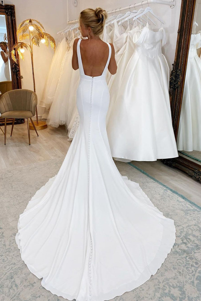 Simple Mermaid V Neck Satin Wedding Dresses