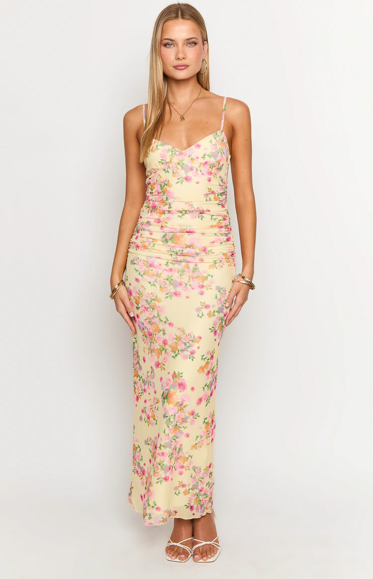 Floral Yellow Ankle-Length Prom Dresses Spaghetti Straps Maxi Dress